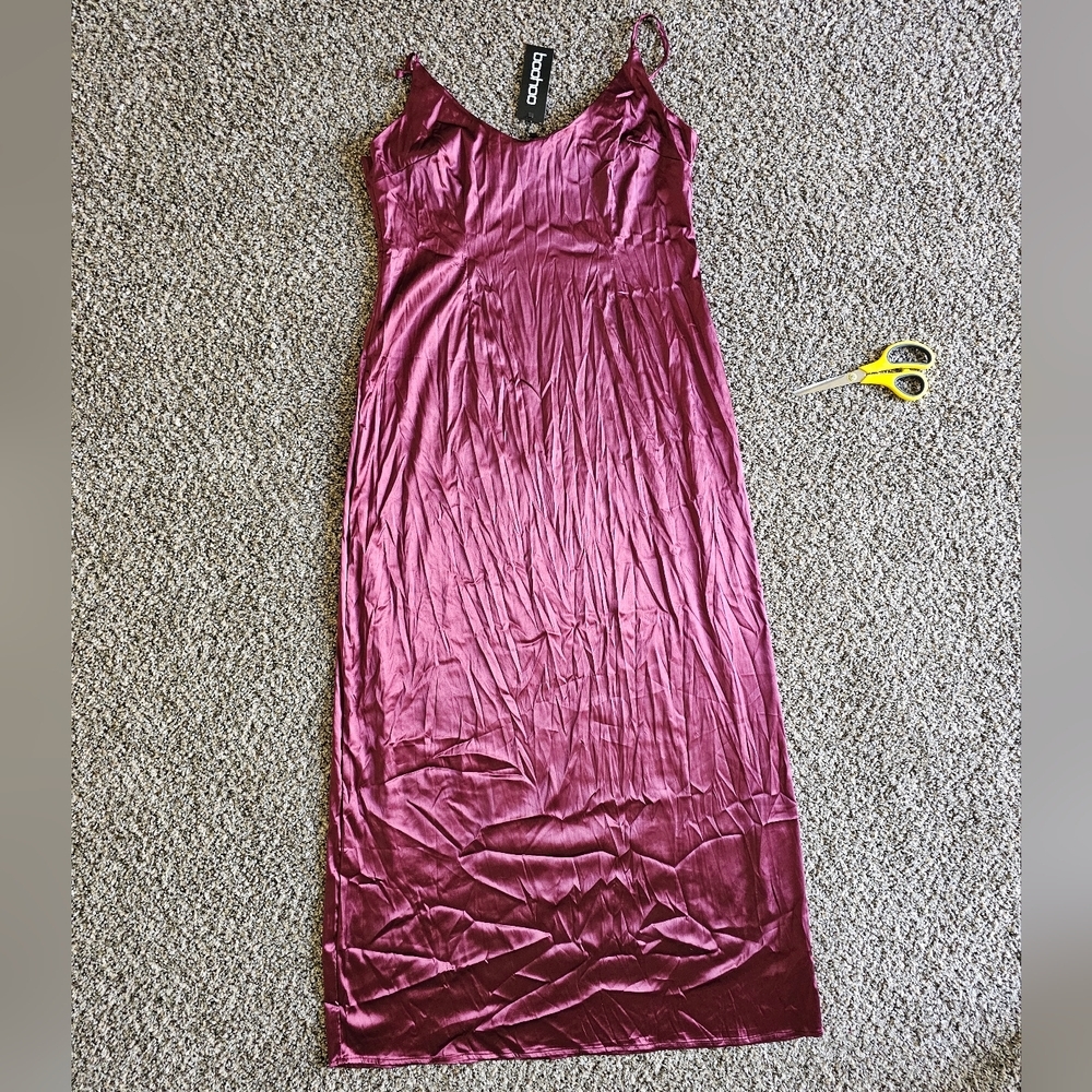 Boohoo Satin Slip Dress in Deep Berry